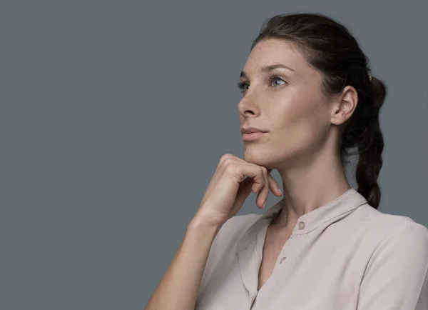 Confident Woman Thinking Hand Chin She Planning Taking Decisions — Stock Photo, Image
