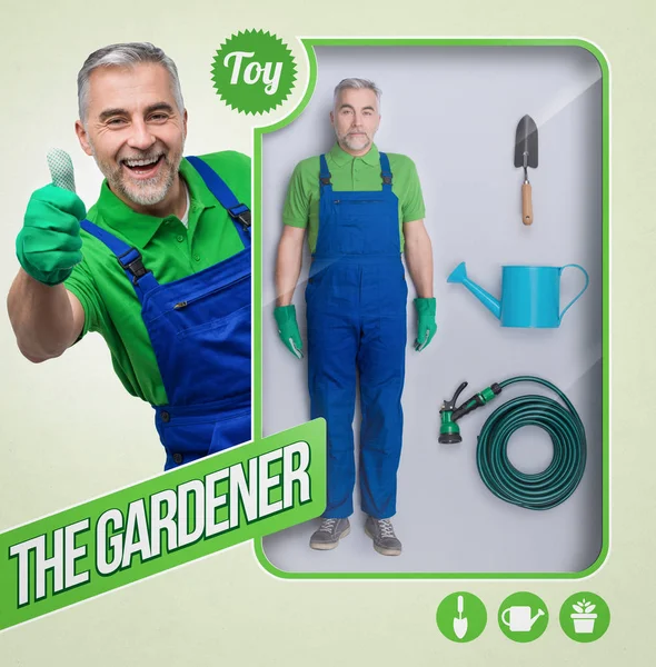 Lebensechte Männliche Gärtnerpuppe Mit Zubehör Und Spielzeug Durchschauen Verpackung Mit — Stockfoto