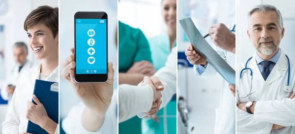 Smiling Doctors Working Hospital Medical App Touch Screen Smartphone Photo — Stock Photo, Image
