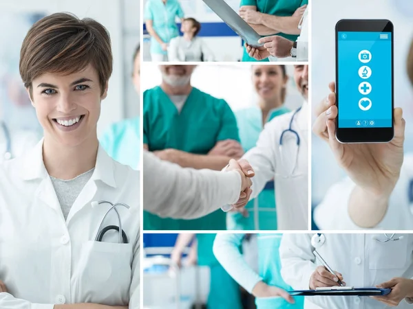 Усміхнені Лікарі Працюють Лікарні Медичному Додатку Смартфоні Сенсорним Екраном Фотоколаж — стокове фото