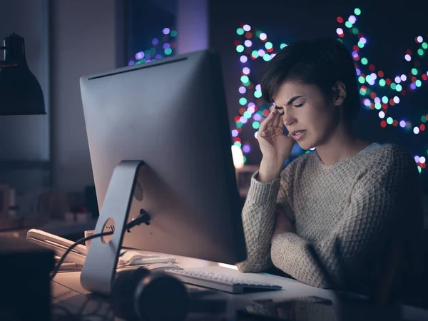 Young Stressed Woman Working Late Night Her Computer Having Severe — Stock Photo, Image