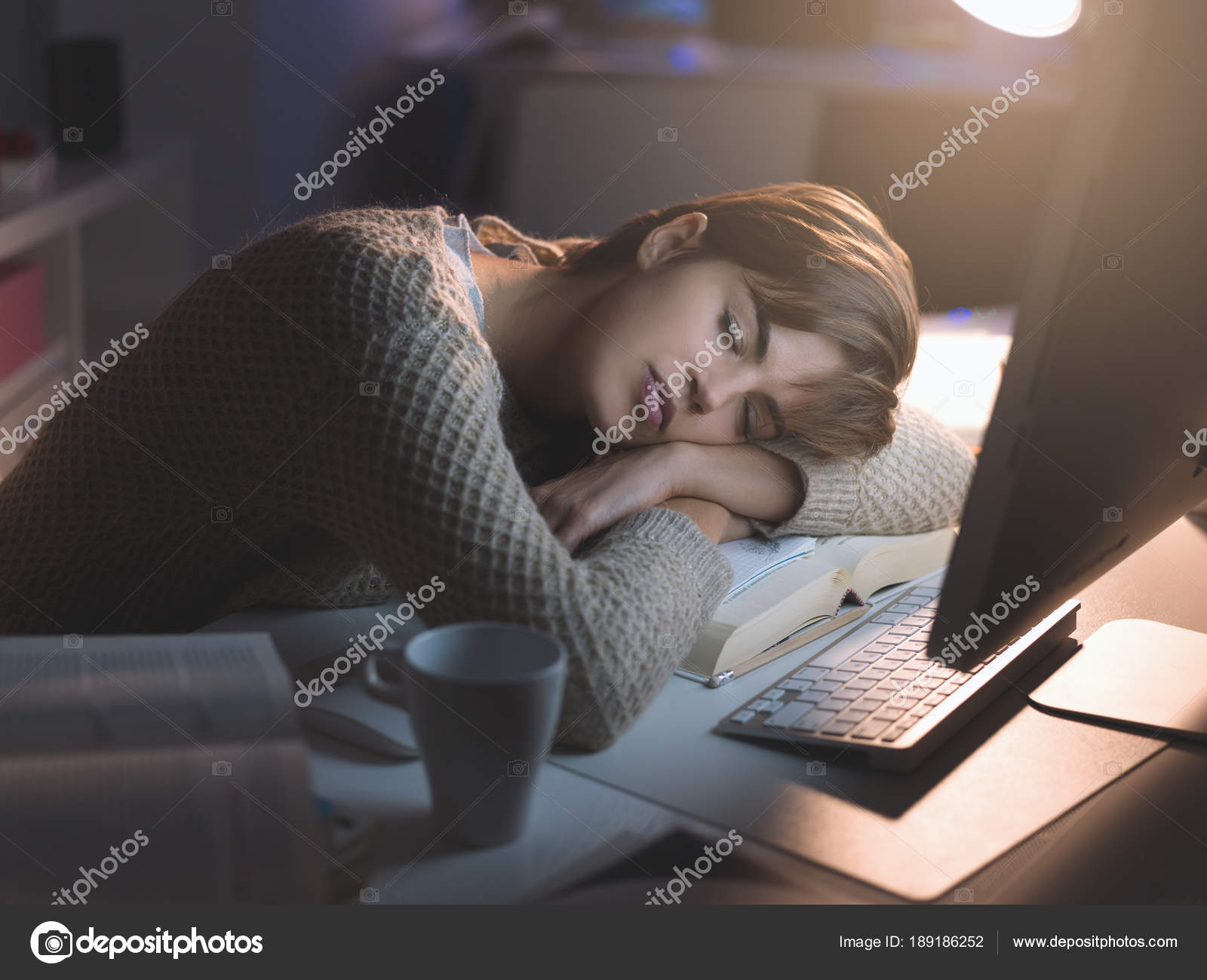 Tired Young Woman Sleeping Office Desk Late Night Overtime Work ...
