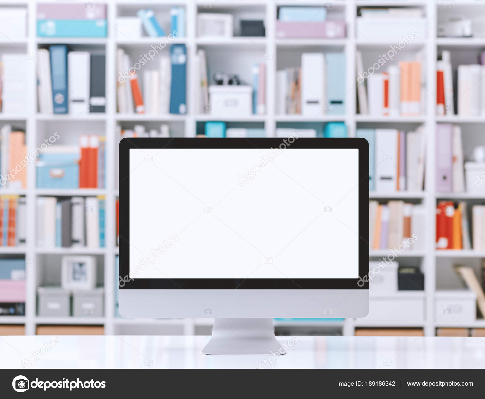 Professional Creative Workspace Computer White Desktop Colorful Professional Creative Workspace Computer White Desktop Colorful Folders Shelves Stock Photo