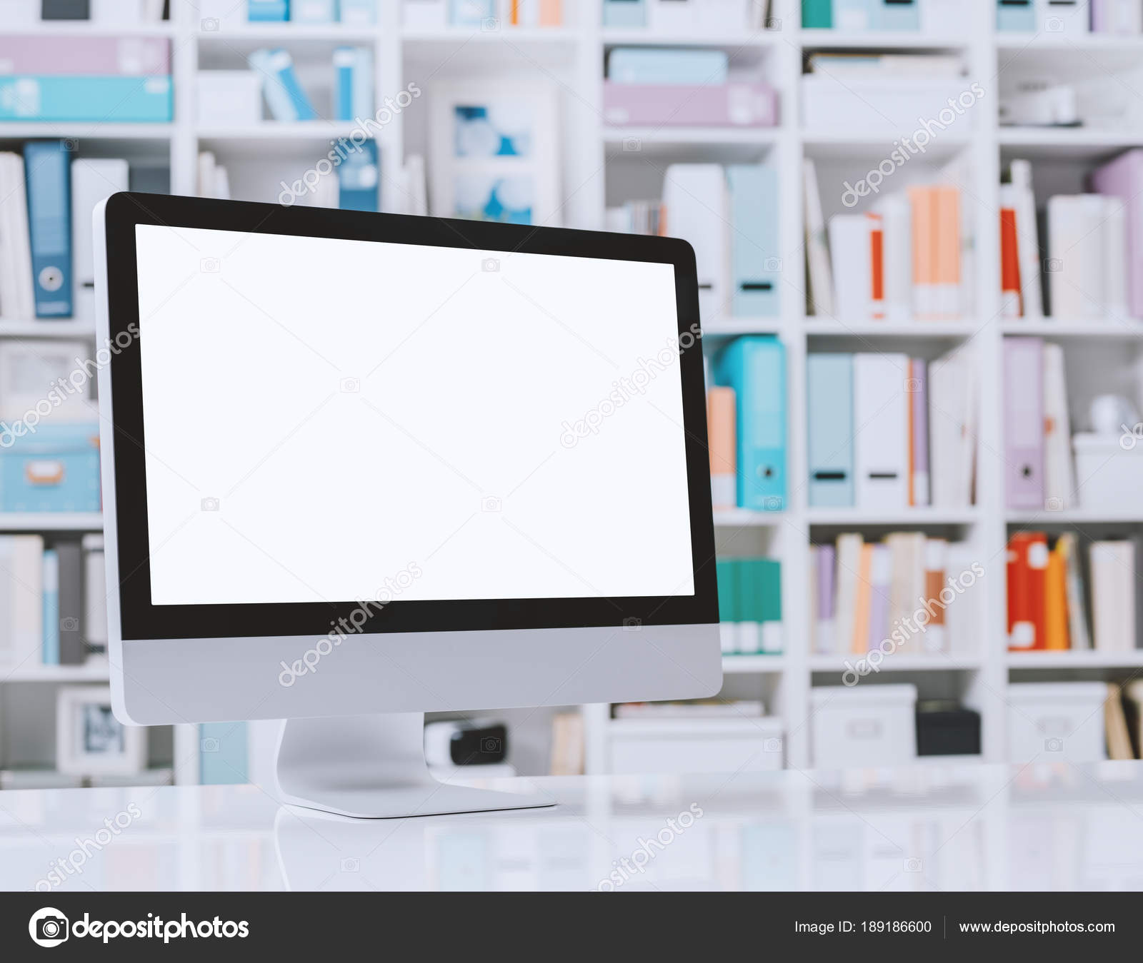 Professional Creative Workspace Computer White Desktop Colorful Professional Creative Workspace Computer White Desktop Colorful Folders Shelves Stock Photo