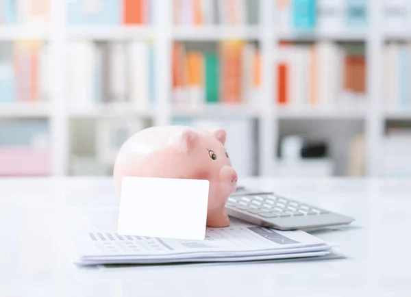 Piggy Bank Kartu Kredit Kalkulator Dan Laporan Keuangan Pada Desktop — Stok Foto