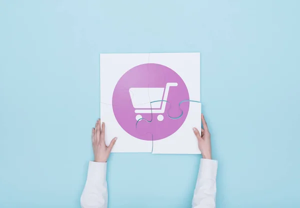 Woman Completing Puzzle Shopping Cart Icon She Putting Missing Piece — Stock Photo, Image
