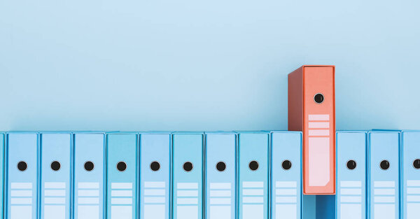 Organized archive with ring binders in a row, one is red: archive, database and search concept