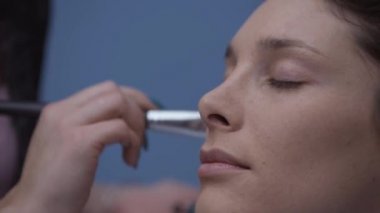 Kavramı, fırça, güzellik ve kozmetik makyaj kullanarak bir modelin yüzü toz uygulayarak sanatçı makyaj