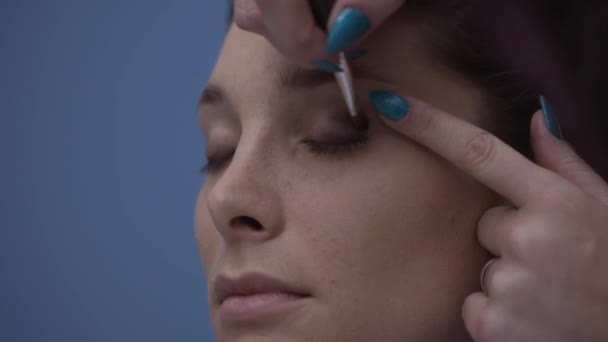 专业化妆艺术家应用眼影在模型的眼睑 美容和化妆品的概念 — 图库视频影像