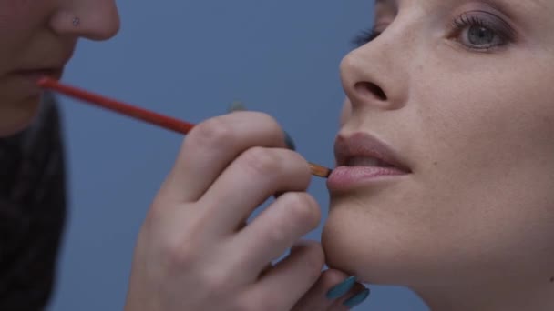 专业化妆艺术家应用口红在模型的嘴唇使用刷子 美容和化妆品的概念 — 图库视频影像