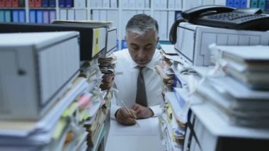 Office ve evrak, yığınları çalışma büro memuru bir belgeyi, çalışma aşırı kavramı, dolly atış gözden geçirme