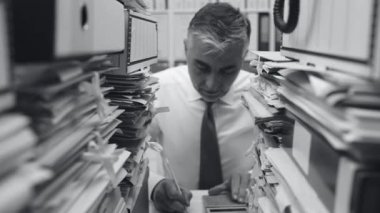 Masasının ofiste çalışan yorgun overworked işadamı evrak ile doldurulur: işe aşırı yük ve stres kavramı