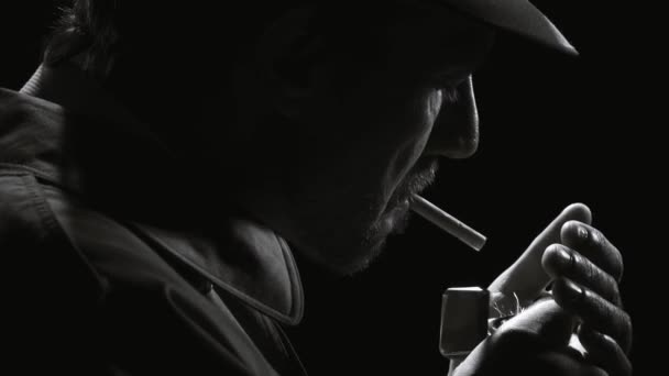 Noir Film Detective Standing Dark Smoking Cigarette Wearing Trench Coat — Stock Video