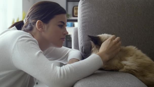 Joven Mujer Sonriente Relajándose Casa Ella Está Abrazando Hermoso Gato — Vídeos de Stock