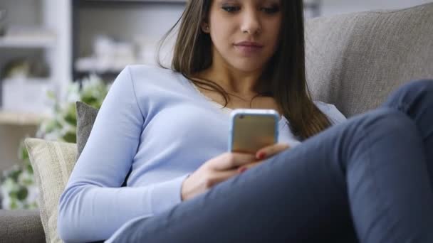 Smiling Young Girl Relaxing Sofa Texting Social Networking Her Mobile — Stock Video