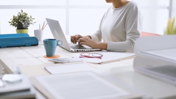 İş kadını dizüstü bilgisayarda yazıyor. — Stok video