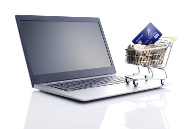 Alışveriş sepeti dolu para ve dizüstü