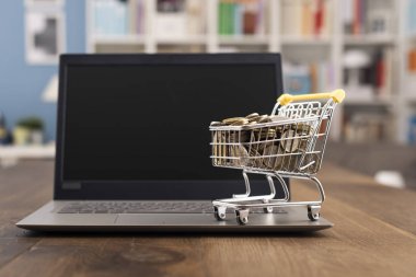 Alışveriş sepeti dolu para ve dizüstü