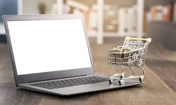 Shopping cart full of money and laptop — Stock Photo, Image