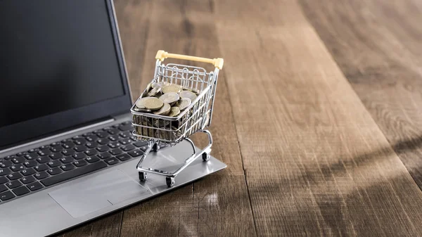 Carrinho de compras cheio de dinheiro e laptop — Fotografia de Stock