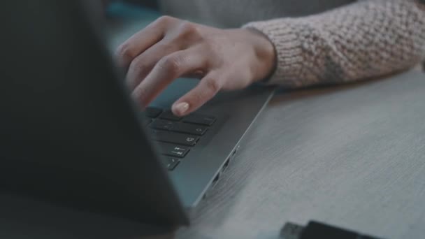 Женщина подключает USB флешку к ноутбуку — стоковое видео