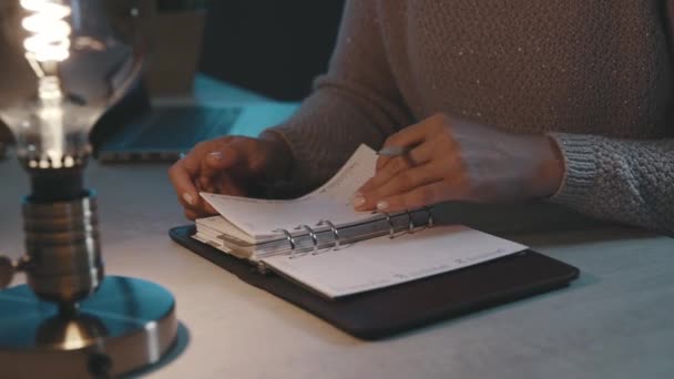 Vrouw noteert aantekeningen op haar persoonlijke organisator — Stockvideo