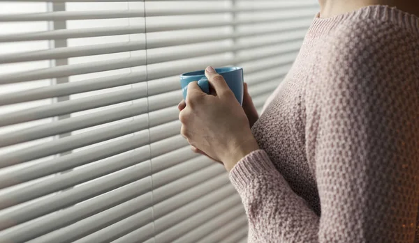 Woman Having Relaxing Coffee Break She Standing Next Window Looking — Stock Photo, Image
