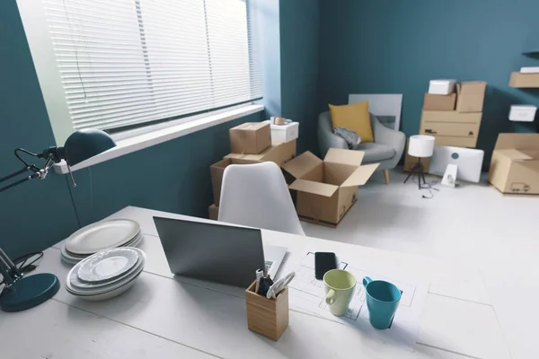 Interior Casa Com Caixas Papelão Conceito Deslocalização Casa — Fotografia de Stock