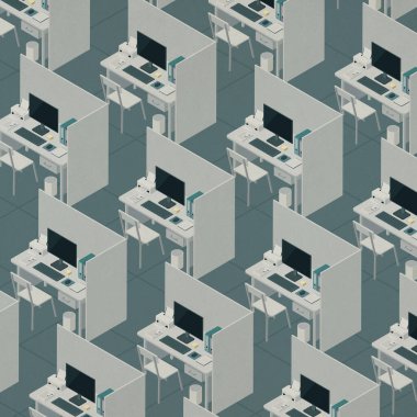 Masaları ve bilgisayarları olan Isometric ofis odaları, şirket binasının içerisi izometrik.