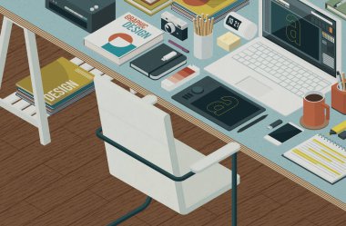 Profesyonel grafik tasarımcı çalışma alanı: bilgisayar ve iş araçlarıyla izometrik masaüstü, yaratıcılık ve iletişim konsepti