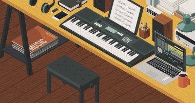 Klavye, dizüstü ve ses donanımlı profesyonel müzisyen izometrik masaüstü: yaratıcılık ve müzik konsepti