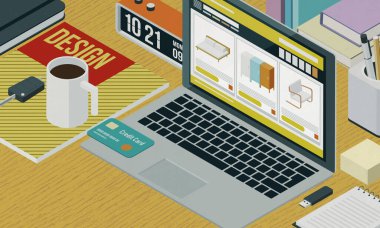 Mobilya tasarımı ve ev dekorasyonu için çevrimiçi alışveriş sitesi, dizüstü bilgisayarı ve kredi kartı ile izometrik masaüstü