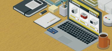 Bir dizüstü bilgisayar ve izometrik masaüstünde çevrimiçi elektronik satış sitesi, çevrimiçi alışveriş ve perakende konsepti