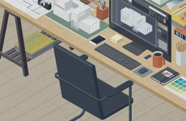 Üç boyutlu illüstrasyon. Bilgisayar ekranında ev projesi olan profesyonel mimar izometrik masaüstü, kumaş örnekleri ve ofis malzemeleri, inşaat endüstrisi ve mimari konsepti