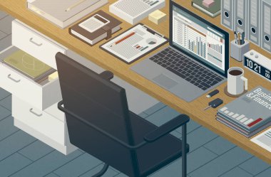 Üç boyutlu illüstrasyon. Laptop ve finansal grafiklere sahip Isometric business desktop: veri analizi, finans ve yönetim kavramı