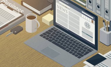 Üç boyutlu illüstrasyon. Bir dizüstü bilgisayarda finans haberleri, malzeme, iş ve bilgi kavramlarıyla izometrik iş masaüstü