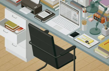 Üç boyutlu illüstrasyon. Laptop ve ofis malzemeleri ile Isometric şirket masaüstü, profesyonel çalışma alanı