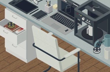Üç boyutlu illüstrasyon. Yaratıcı 3D yazıcı, prototip ve ürün üretimi: dizüstü bilgisayarlı izometrik masaüstü, 3D yazıcı ve çalışma araçları