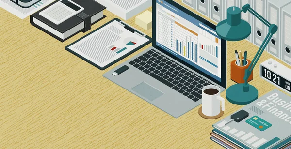 Isometrischer Business Desktop Mit Laptop Und Finanzdiagrammen Datenanalyse Finanz Und — Stockfoto