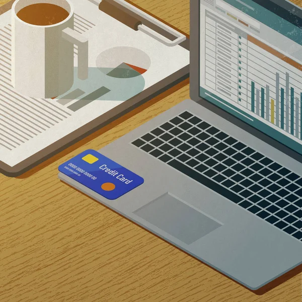 Illustration Laptop Mit Finanzdiagramm Kreditkarte Und Geschäftsbericht Finanz Und Online — Stockfoto