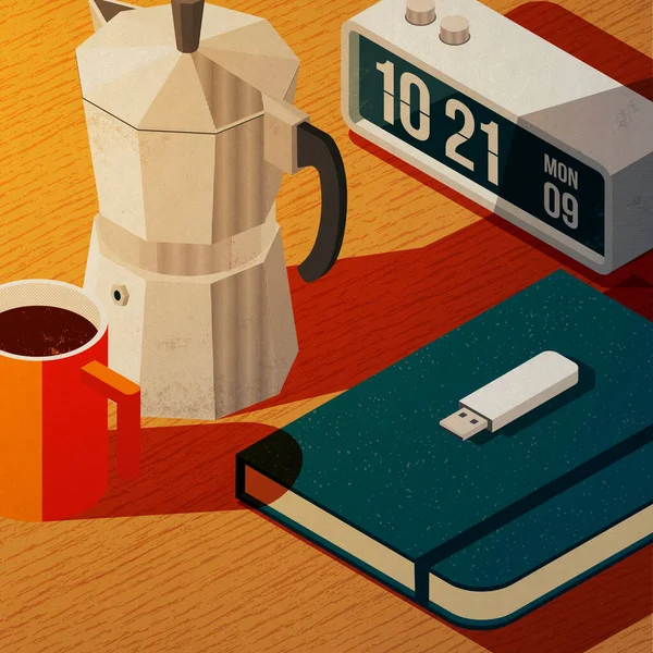 Illustration Förbereda Frukost Hemma Morgonen Moka Pott Kopp Kaffe Anteckningsbok — Stockfoto