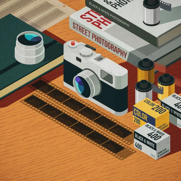 3D illustration. Street photography equipment and film photography: vintage camera, photography books and roll films