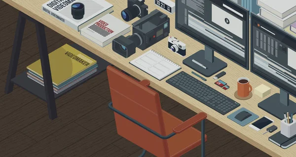 3D illustration. Professional videomaker workspace: isometric desktop with video camera, computer, video editing software and work tools, videomaking concept