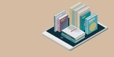 Akıllı telefon ekranında kitap koleksiyonu: e-kitap, e-öğrenme ve çevrimiçi eğitim konsepti, izometrik 3D illüstrasyon
