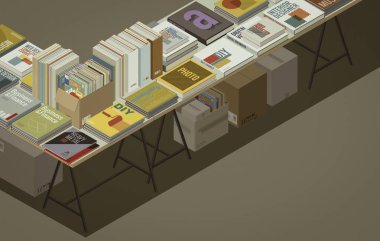 İkinci el bit pazarında çeşitli kitapların klasik koleksiyonuyla, izometrik 3D illüstrasyon.