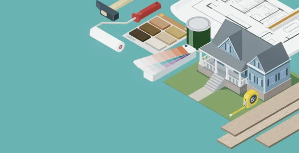 Home makeover and DIY: isometric tools and model house on a desk, 3D illustration