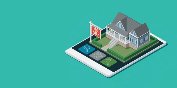 在智能手机触摸屏显示屏上有等距房屋的房地产和建筑应用程序 3D插图 — 图库照片