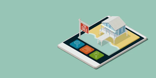 Onroerend Goed Architectuur App Met Isometrische Strandhuis Een Smartphone Touch — Stockfoto
