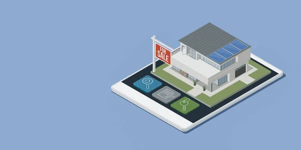 Fastighets Och Arkitekturapp Med Isometriskt Energieffektivt Hus Smartphone Pekskärm Illustration — Stockfoto