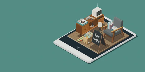 オンラインフリーマーケットアプリ スマートフォンのディスプレイ上の等角ヴィンテージアイテム 電子商取引の概念 3Dイラスト — ストック写真